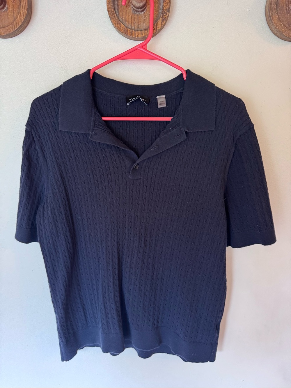 Tahari navy blue Cableknit short sleeve Polo Shirt size medium